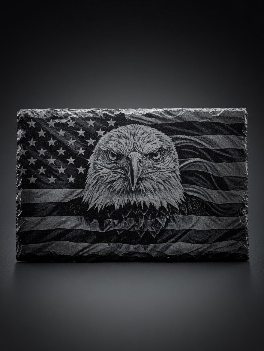 American Bald Eagle & Flag Slate Engraving - Patriotic Wall Art