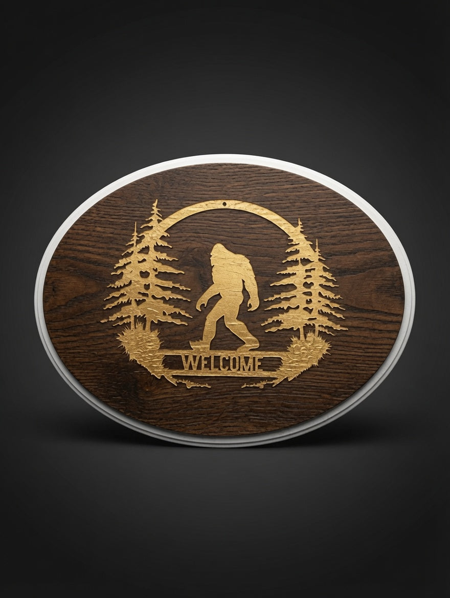 Sasquatch Welcome Sign – Rustic Oval Bigfoot Wooden Wall Decor